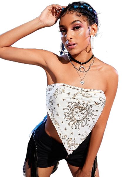 

sun & animal print tie backless hanky hem tube 32qs#, White