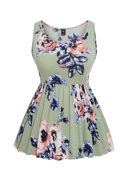 

plus floral print peplum tank d9c4#, Black