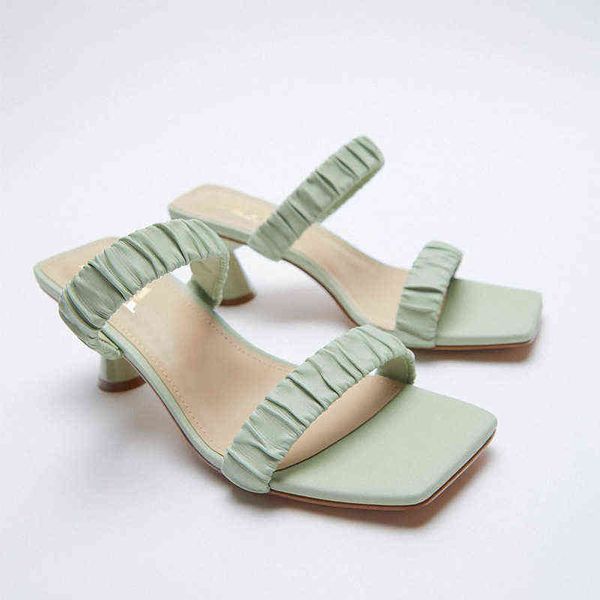 

sandals slides summer new 2022 women shoes open toe slippers fashion green square nose pleated from a word belt thin high heels 220413, Black