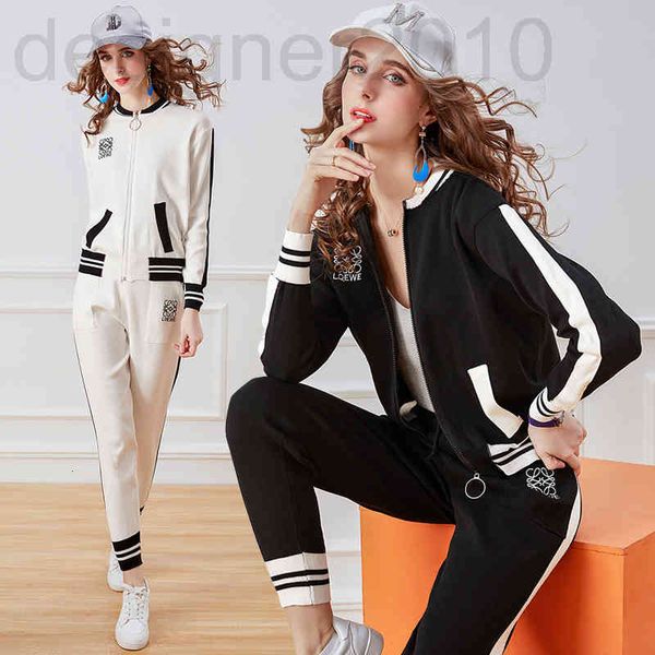 

women's knits & tees designer 2021 autumn and winter new fashion embroidered knitwear slim pants two-piece set brand suit vhm8, White