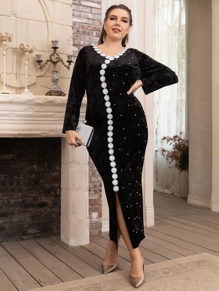 

plus guipure lace detail pearl beaded slit hem velvet dress o4eu#, Black