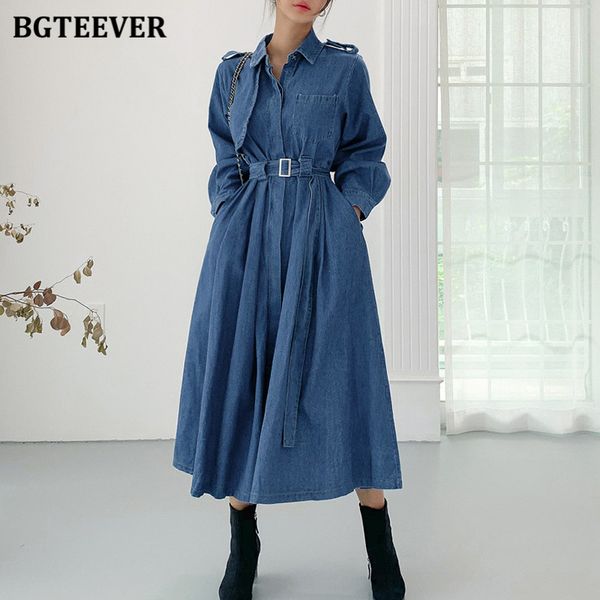 

bgteever 2022 vintage chic women a-line long denim dress autumn winter single-breasted belted female jeans dress loose vestidos, Black;gray