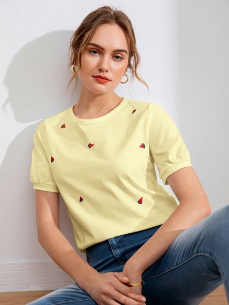 

bishop sleeve watermelon embroidery tee 115i#, White