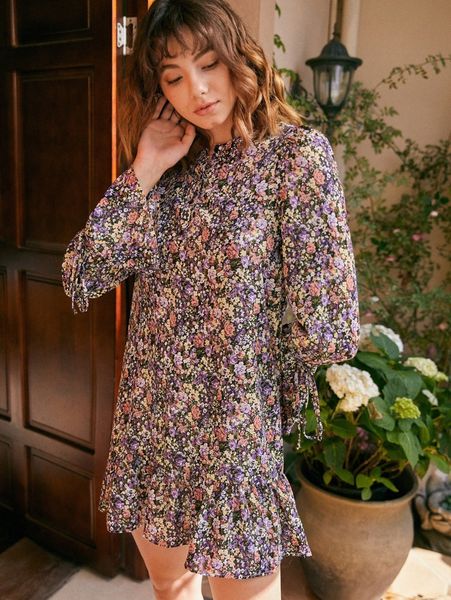 

floral print ruffle hem smock dress b4vw#, Black;gray