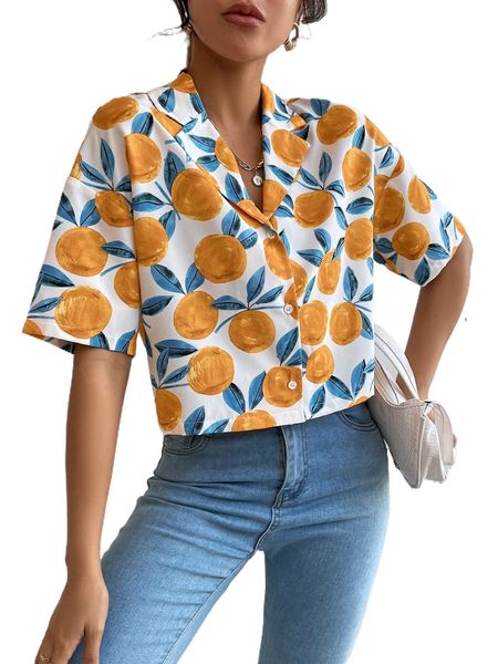 

allover fruit print lapel collar drop shoulder blouse z4mm#, White