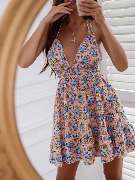 

floral print tied backless ruffle hem dress g25h#, Black;gray