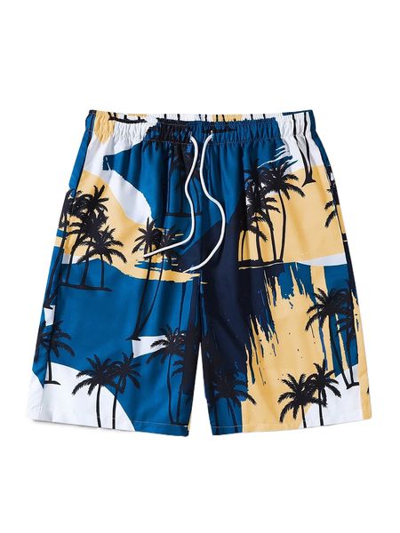 

men random coconut tree print drawstring waist shorts 18df#, White;black