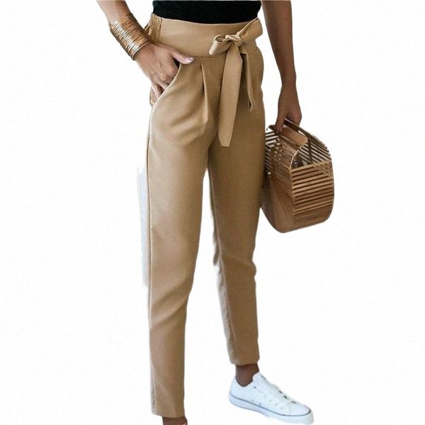 

women's pants & capris england style women summer solid color pencil bandage design pockets decor high waist slim hips trousers for str, Black;white