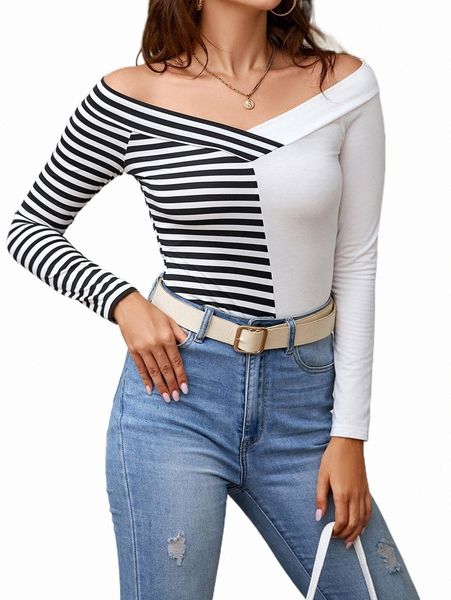 

off shoulder striped tee e1vu#, White