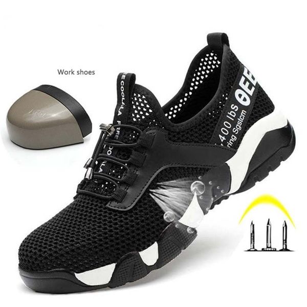 

men steel toe work safety shoes lightweight breathable reflective casual sneaker prevent piercing women protective boots a220815, Black