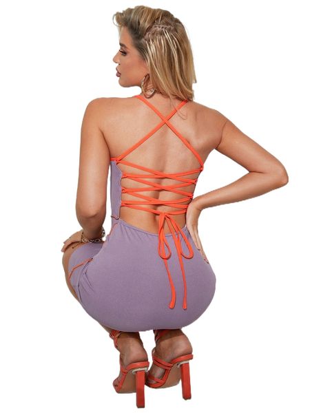 

lace up backless contrast stitch bodycon dress v6lm#, Black;gray