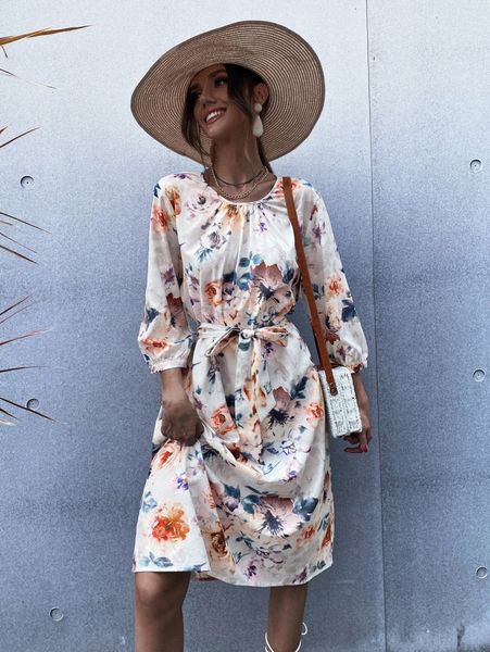 

floral print belted dress g0qq#, Black;gray