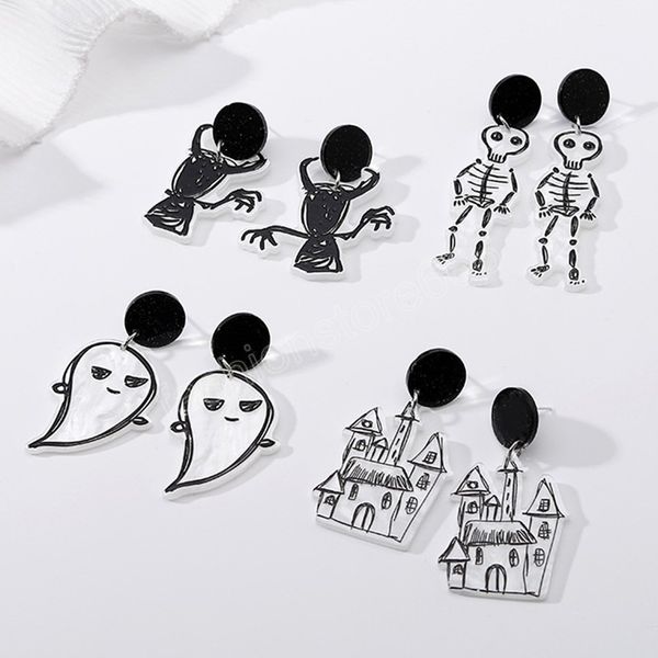 

halloween jewelry acrylic skull ghost dangle earrings for women girls fashion accessories, Silver