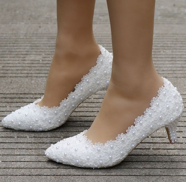 Kristal Kraliçe Beyaz Dantel Düğün Ayakkabı 5 cm Kalın Yavru Topuk Ayakkabı Beyaz Dantel Pompaları Prenses Partisi Doğum Günü Topuklu 220402