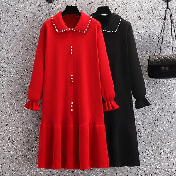 Plus Size Vestidos Ehqaxin 2022 Outono Inverno Mulheres Malha Elegante Frisado Meio-Comprimento Solto Sweater Ruffled Dress L-4XL
