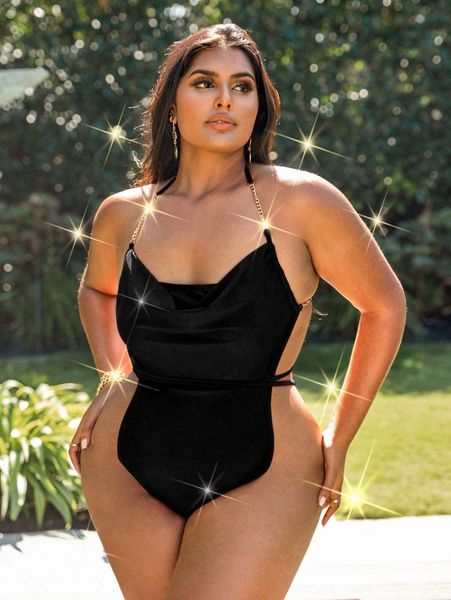 

plus chain detail draped halter one piece swimsuit v0xh#, White;black
