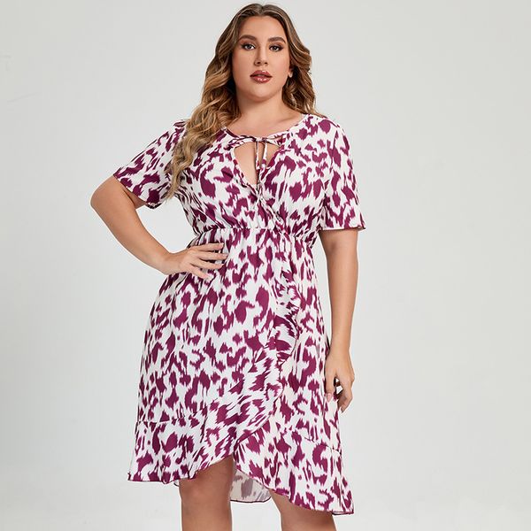 

summer european and american leisure leopard print large dress short sleeve deep v-neck a-line skirt female, Black;gray