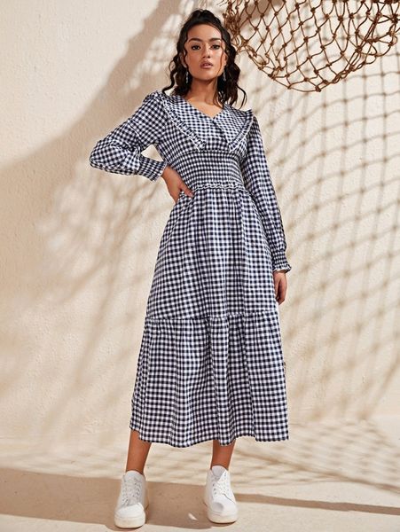 

gingham print statement collar shirred waist ruffle hem dress y6rj#, Black;gray