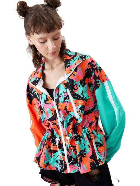 

x equris allover print zip up drop shoulder jacket v5qm#, Black;brown