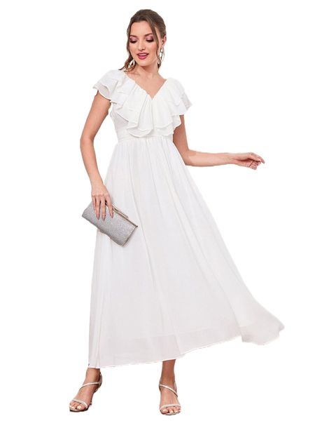 

double v-neck ruffle trim dress q5og#, Black;gray