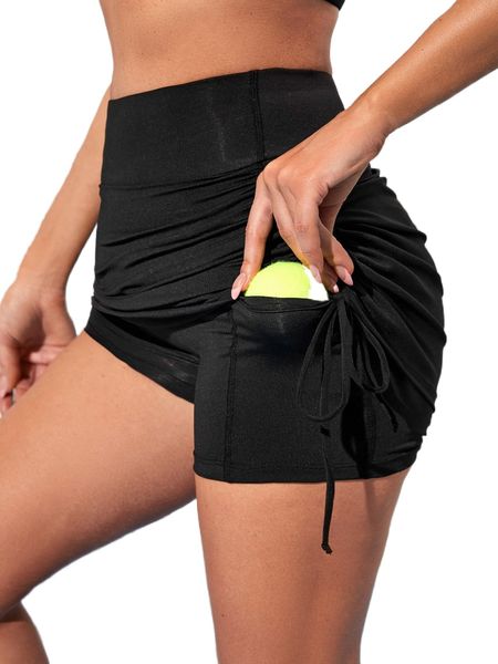 

solid drawstring side sports skort with phone pocket i5av#, Gray