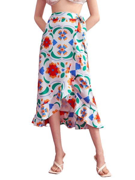 

x squid house allover print ruffle trim wrap knot side skirt h0uc#, Black