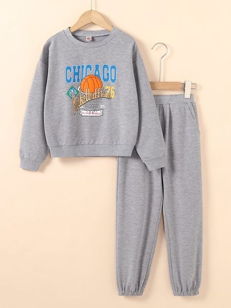 

girls basketball and letter graphic drop shoulder sweatshirt & sweatpants she, White
