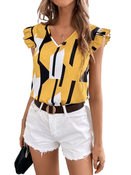 

geo print flutter sleeve blouse u5cc#, White