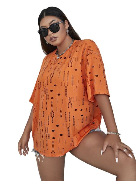 

plus hollow out drop shoulder tee g7tq#, Black