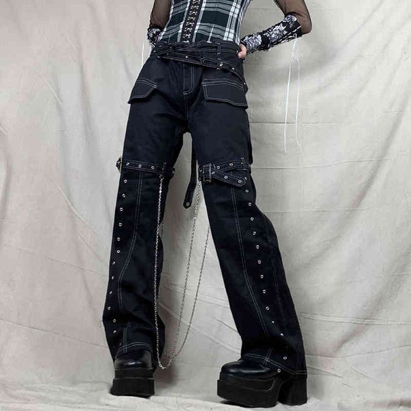

2021 autumn winter new personalized street spice girl chain design jeans straight pocket pants, Blue