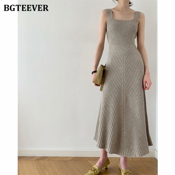 

bgteever new autumn women dress 2021 casual elegant sleeveless slim waist female sweater dress midi knitted ladies vestidos, Black;gray