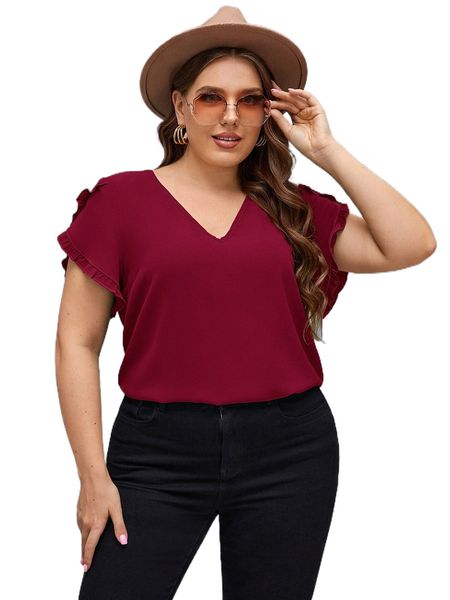 

plus frill trim petal sleeve blouse x9mf#, Black