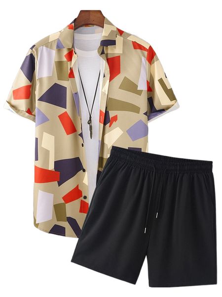 

men random geo print shirt & drawstring waist shorts without tee b3ju#, Gray
