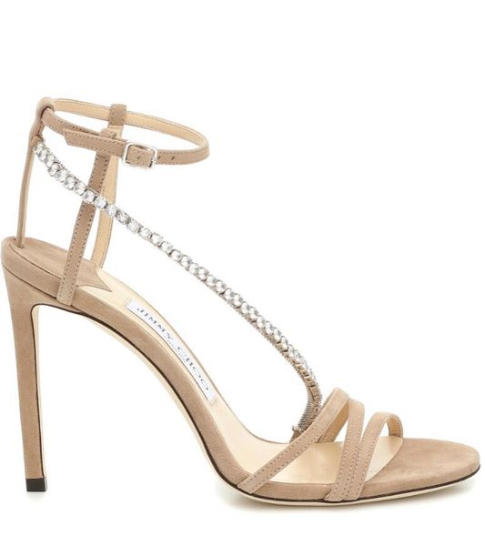 

luxury design thaia 100 embellished sandal ankle crystal chian strap high heels summer dress party wedding sandalias eu35-43, Black