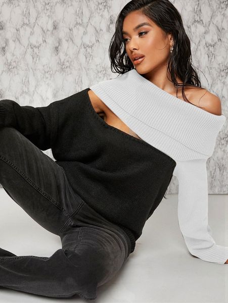 

turtle neck cutout detail colorblock sweater e82h#, White;black