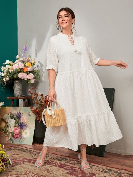 

plus polka dot print ruffle hem eyelet embroidery dress 552e#, Black