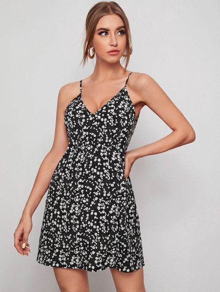 

ditsy floral slip dress q623#, Black;gray