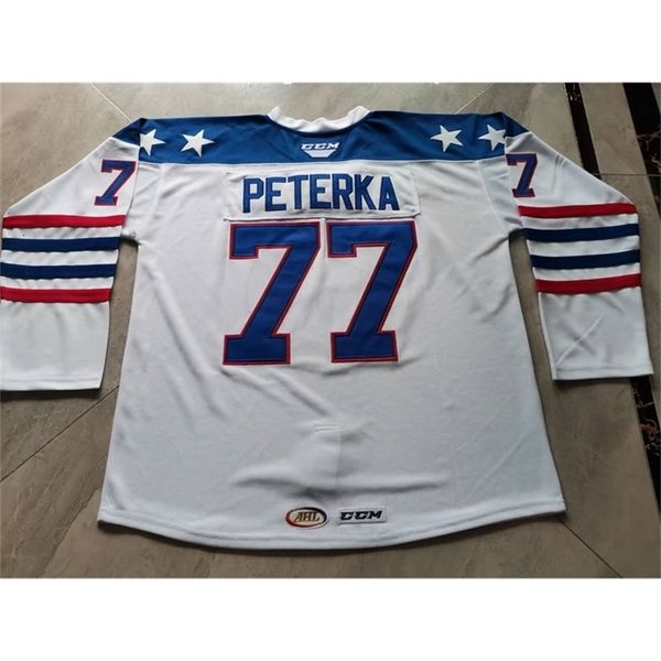 

c2604 uf custom hockey jersey men youth women vintage ahl rochester americans 77 jason peterka 22 jack quinn high school size s to 6xl or an, Black