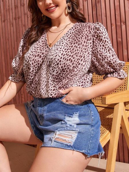 

plus dalmatian print puff sleeve blouse a02z#, Black