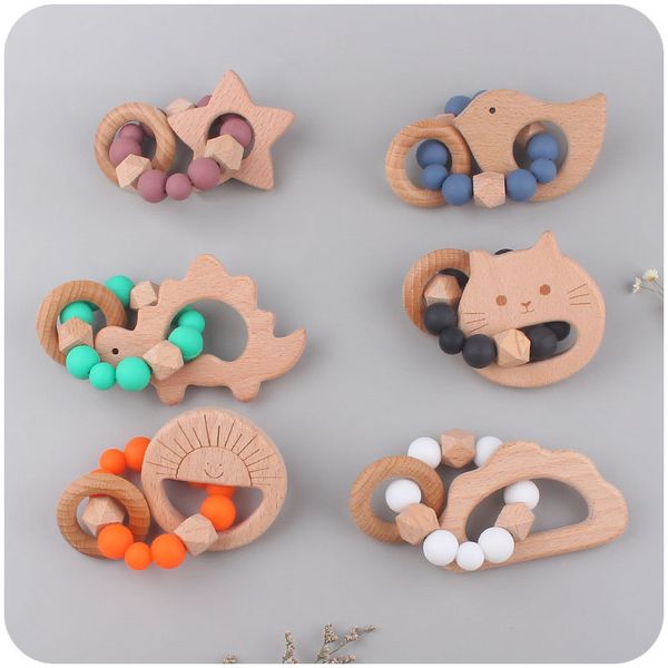 

baby cartoon animal pacifiers clip beech wood silica gel molar toys newborn pacifier holders chain set wholesale 12 5bq e3