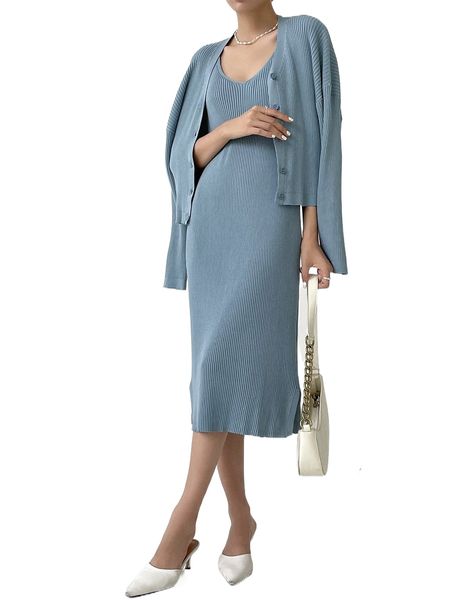 

dazy rib-knit split hem sweater dress & drop shoulder cardigan k8z6#, White;black