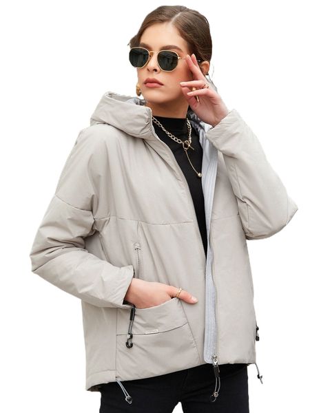 

hailuozi drawstring hem zip up hooded winter coat p1ix#, Black