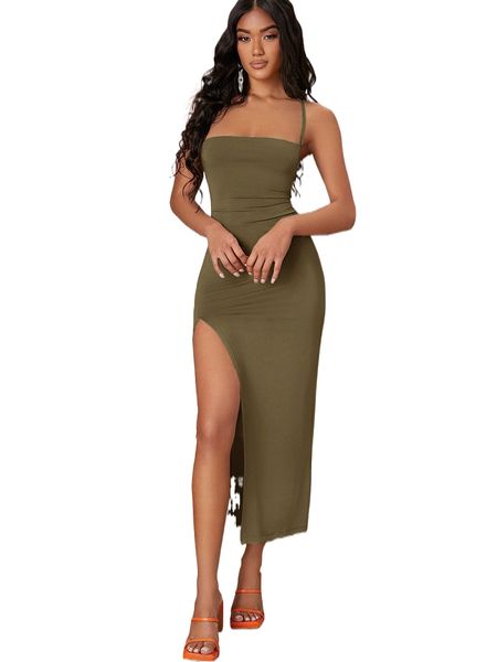 

bae lace up backless split thigh cami dress c6qg#, Black;gray