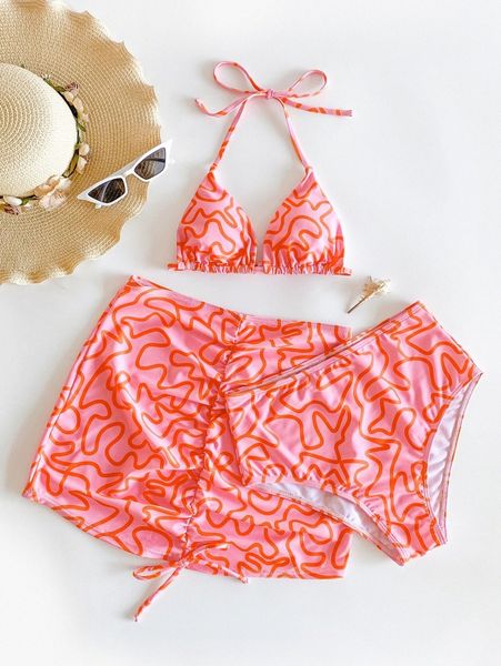 

3pack fluid pattern halter bikini swimsuit & beach skirt b7em#, White;black