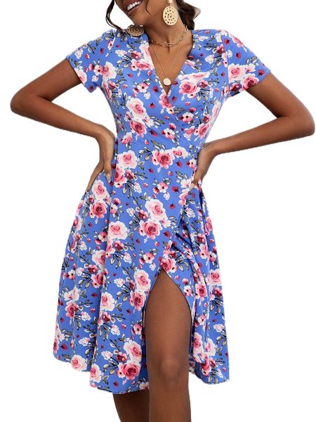 

all over floral print tie side wrap hem dress v9xo#, Black;gray