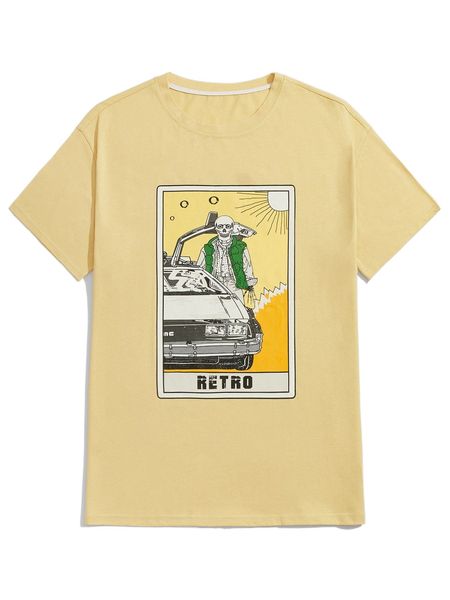 

romwe guys skeleton & car print oversized tee v6su#, White;black