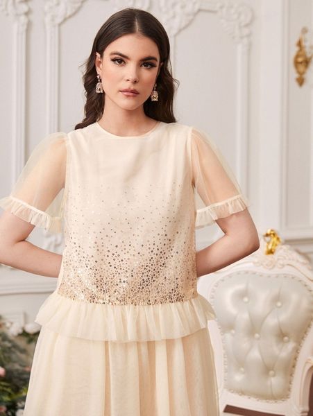 

sequins detail layered mesh dress d7ef#, Black;gray