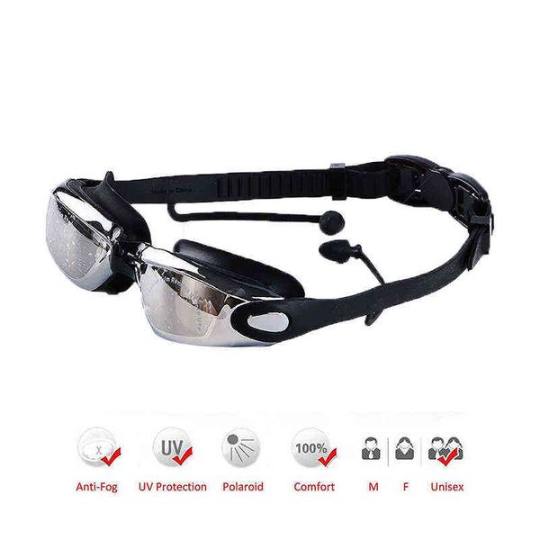 Óculos de natação corretivos míopes com plugue de orelha Conectar à proteção UV Anti-Fog Fexible Dariz Bridge Swim Glasses Eyewear Y220428
