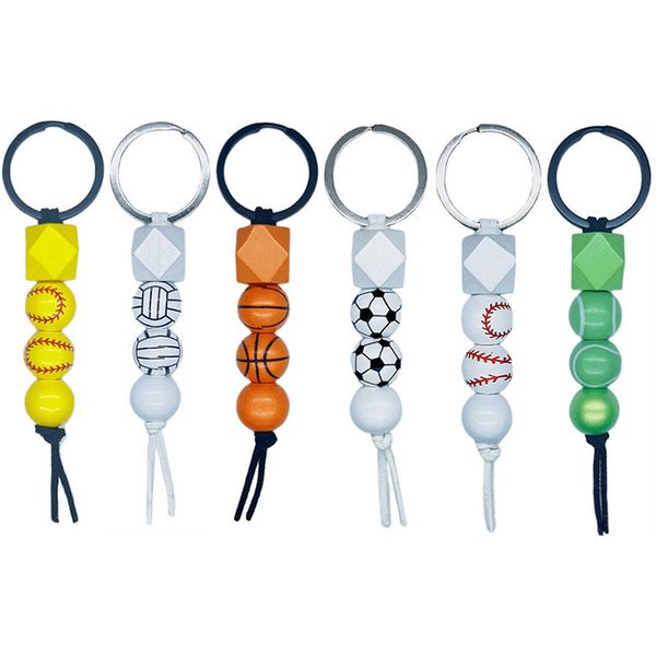 

personalized wooden beaded keychain pendant sports basketball football baseball tassel keychains wooden beads key chain keyring, Silver