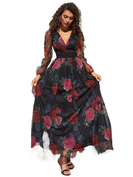 

missord floral print lantern sleeve ruched mesh maxi dress v6jp#, Black;gray